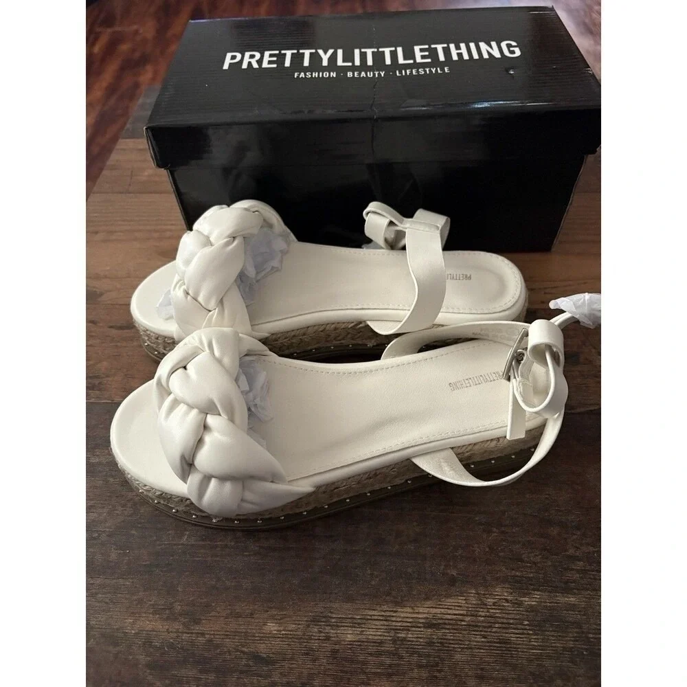 PrettyLittleThing White PU Plait Detail Strappy Espadrille Sandals‎ Size 8 NEW